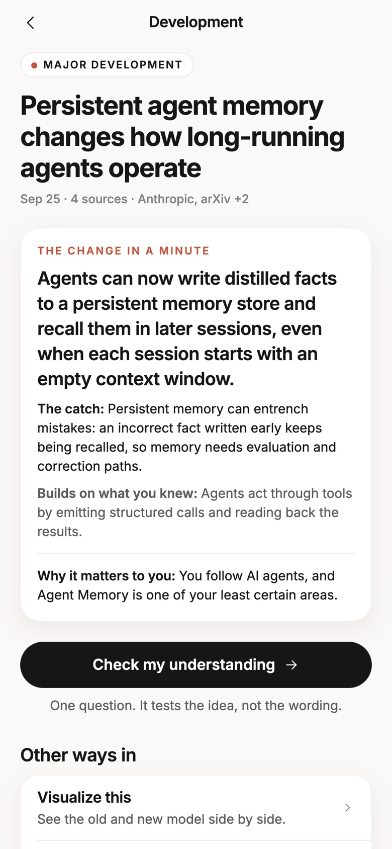 A Thinketh development on persistent agent memory: the change in a minute, the catch, what it builds on that you knew, why it matters to you, and a Check my understanding button.
